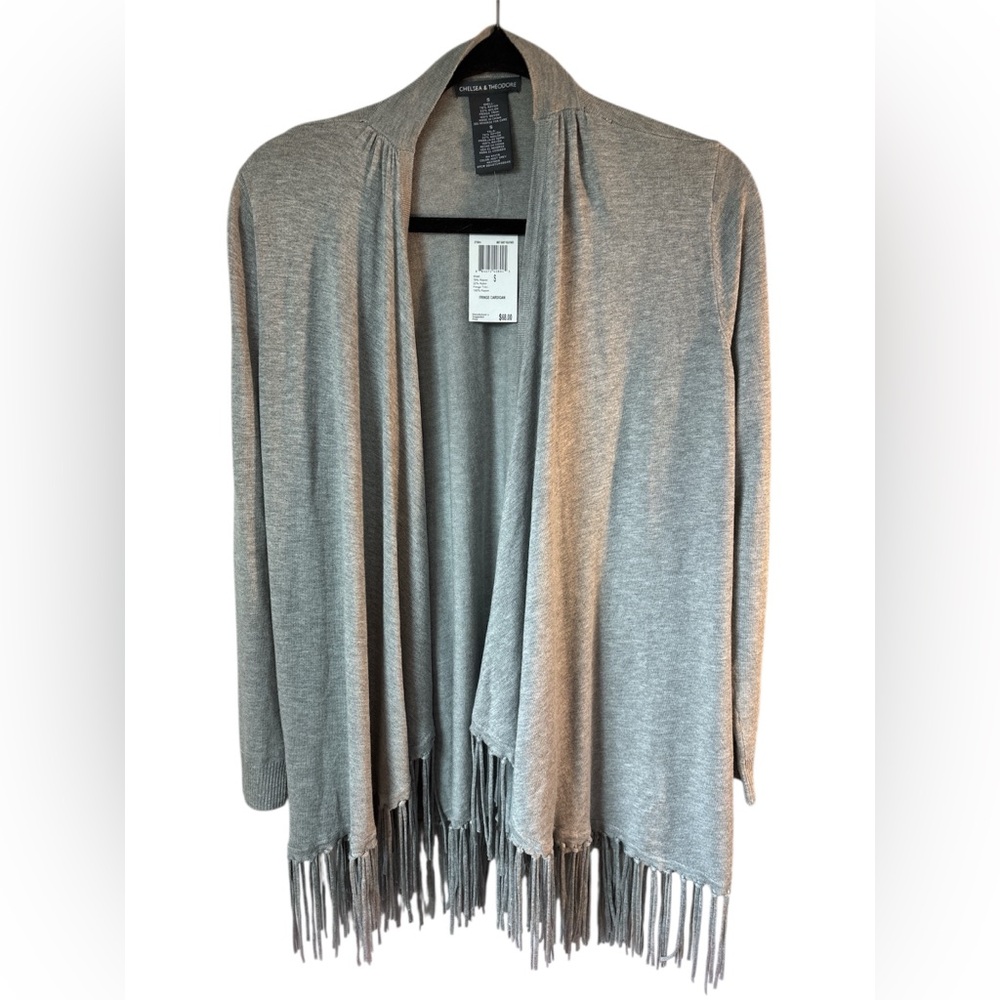 NWT CHELSEA & THEODORE WOMEN'S FRINGE-TRIM LONG SLEEVE CARDIGAN GREY HEATHER S